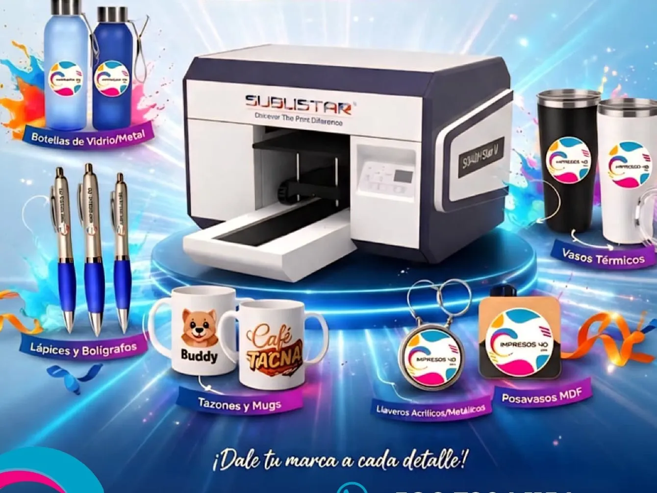 Botellas, lápices, tazones, vasos térmicos y llaveros con logo impreso